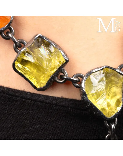Pezzo Unico - Collana in Argento, Quarzo Limone e Opale di Fuoco.