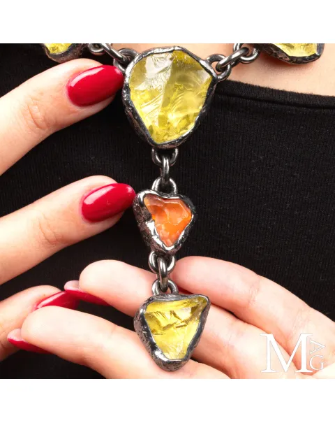 Pezzo Unico - Collana in Argento, Quarzo Limone e Opale di Fuoco.
