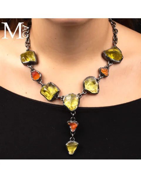 Pezzo Unico - Collana in Argento, Quarzo Limone e Opale di Fuoco.