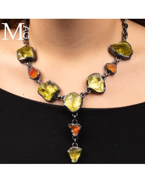 Pezzo Unico - Collana in Argento, Quarzo Limone e Opale di Fuoco.