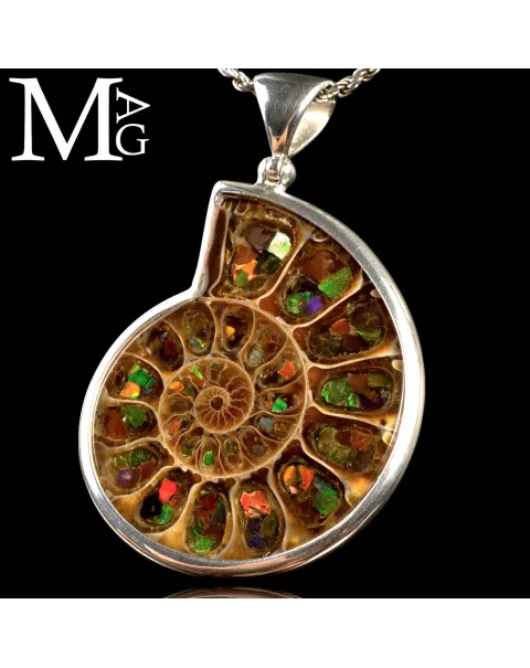 Ciondolo in argento con Ammonite Cleoniceras e intarsi di Ammolite.