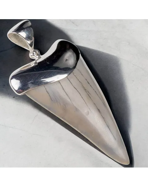 Ciondolo in Argento con Dente Fossile di Squalo Hastalis.