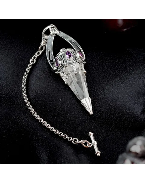 Pendolo in Argento con Cristallo di Quarzo Trasparente e Ametiste.