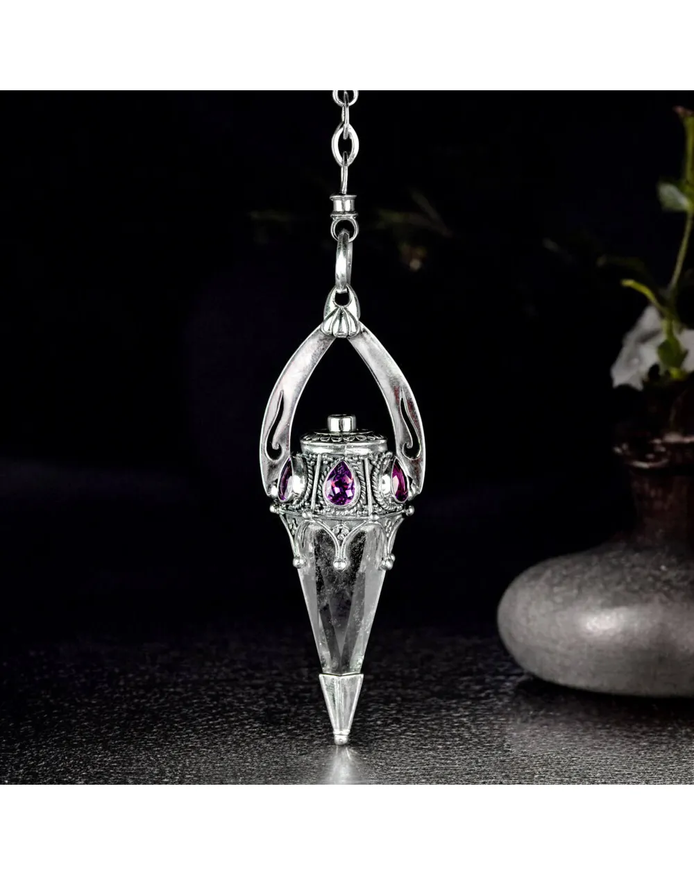 Pendolo in Argento con Cristallo di Quarzo Trasparente e Ametiste.