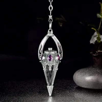 Pendolo in Argento con Cristallo di Quarzo Trasparente e Ametiste.