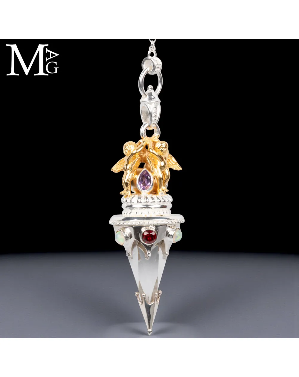 Pendolo Angelico in Argento con Quarzo Ialino, Opali, Granato e Ametista.