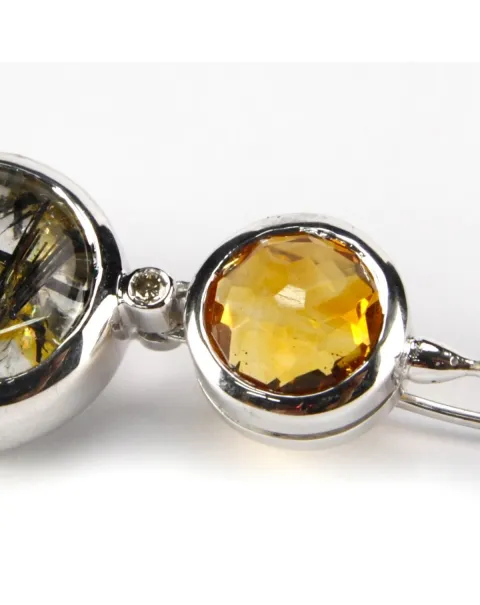 Orecchini Quarzo Tormalinato, Quarzo Citrino e Diamante
