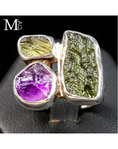 Anello in Argento con Moldavite e Ametista.