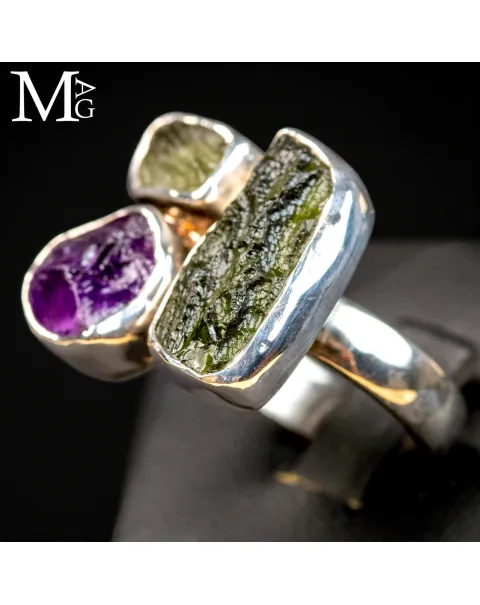 Anello in Argento con Moldavite e Ametista.