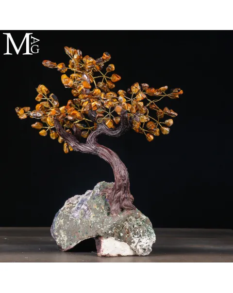 Albero della Vita con foglie in Occhio di Tigre burattato su drusa di ametista.