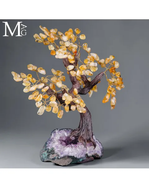 Albero Bonsai in Quarzo Citrino su Drusa di Ametista – Scultura d’Arredo Naturale