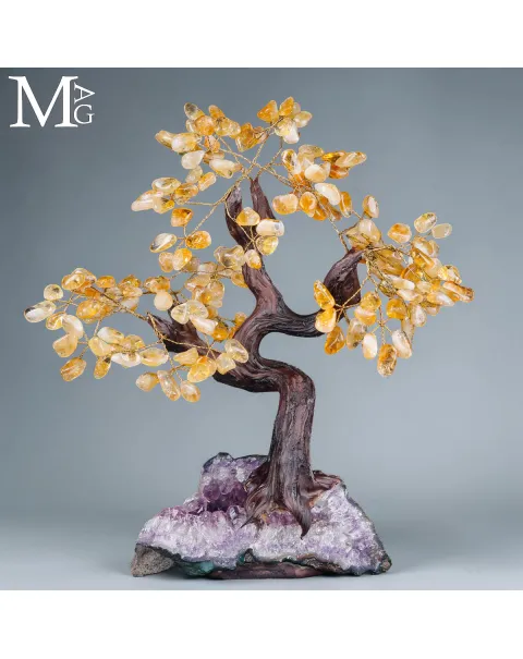 Albero Bonsai in Quarzo Citrino su Drusa di Ametista – Scultura d’Arredo Naturale