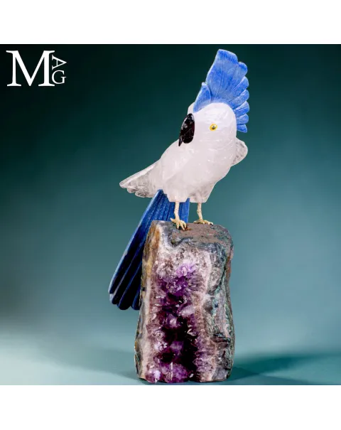 Elegante Cacatua in Quarzo Ialino e Quarzo Blu su Drusa di Ametista.