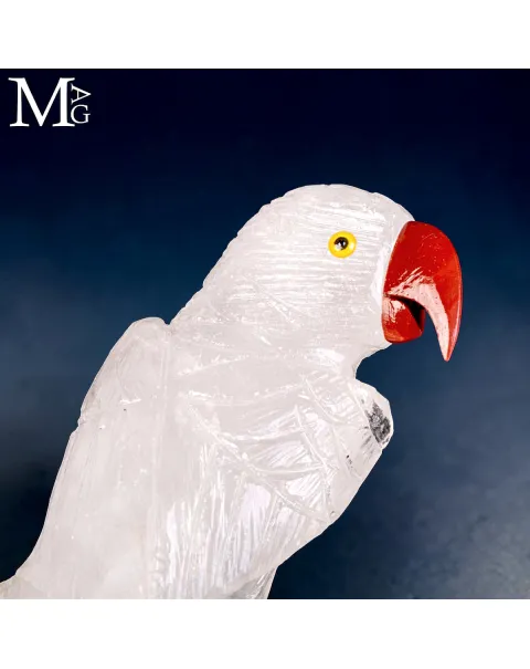 Scultura di Pappagallo dal Collare in Quarzo con Base di Ametista.