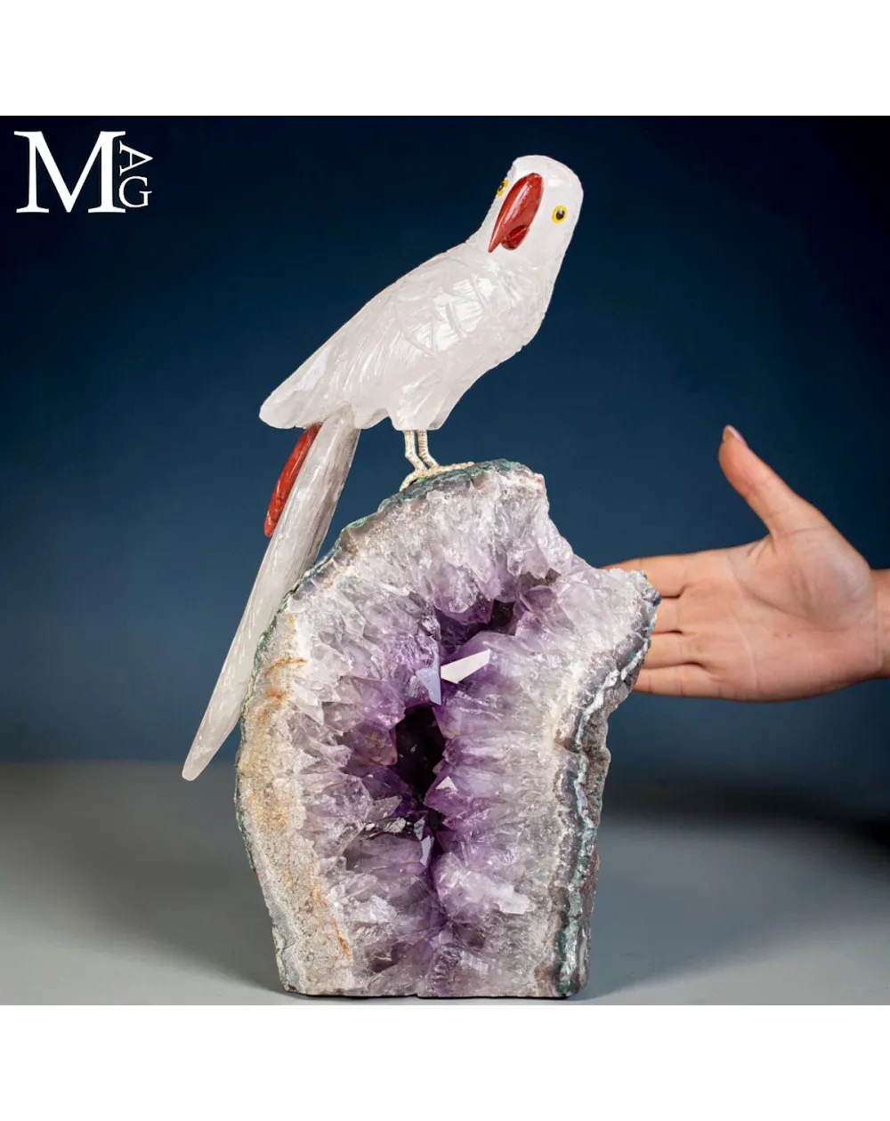 Scultura di Pappagallo dal Collare in Quarzo con Base di Ametista.