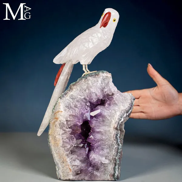 Scultura di Pappagallo dal Collare in Quarzo con Base di Ametista.