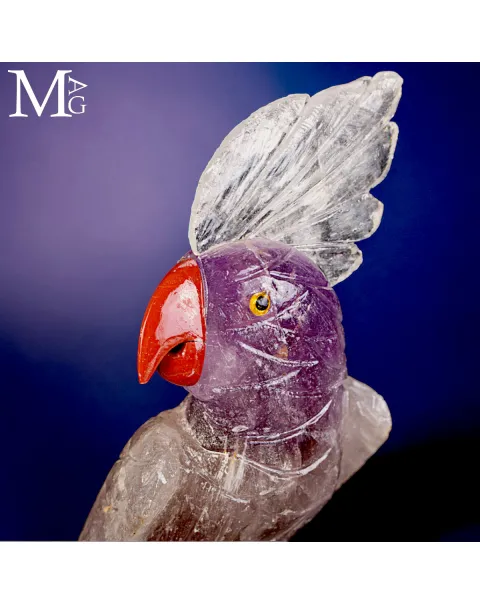 Scultura di Pappagallo in Ametista con Cresta in Quarzo su Drusa di Ametista.