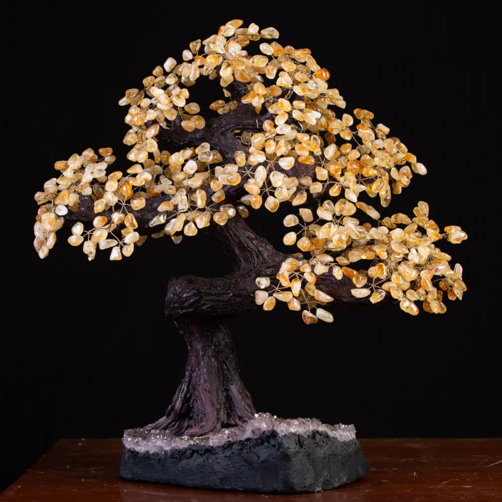 Bonsai con Foglie di Quarzo Citrino su Base di Ametista.