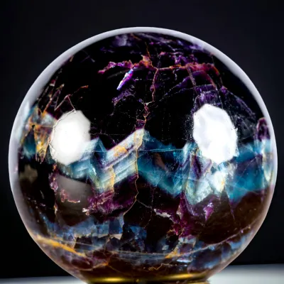 Eccezionale Sfera di Fluorite Nera e Cristalli Blu dalla Russia.