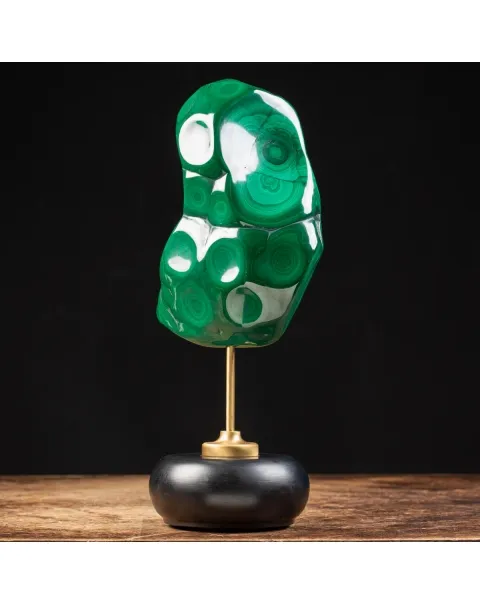 Malachite su Piedistallo in Ottone e Legno