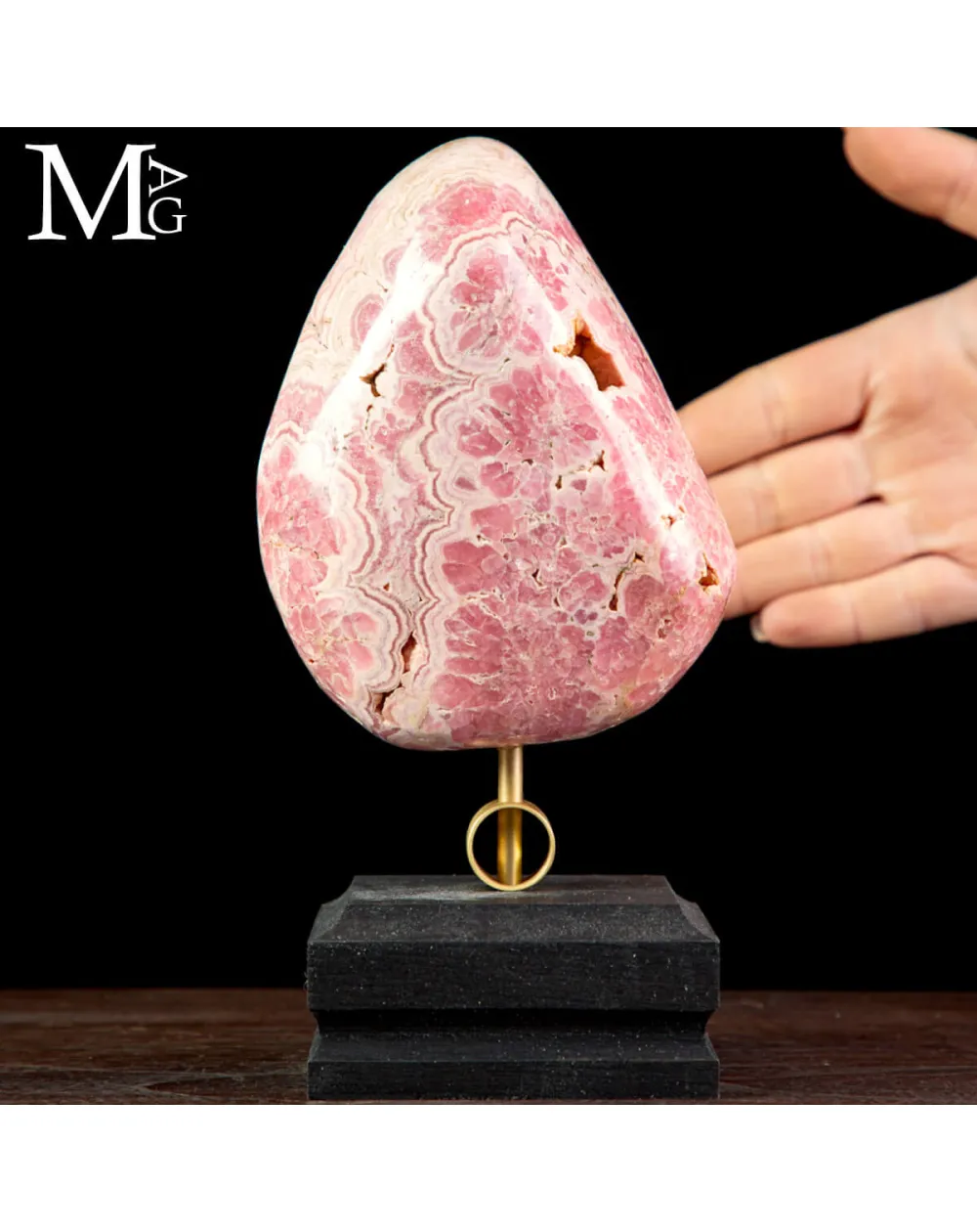 Rodocrosite – Argentina, campione su base in ottone e legno.