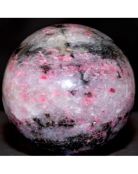 Sfera in Quarzo "Unicorn" con Tormalina Rosa, Lepidolite e Dendriti Nere.