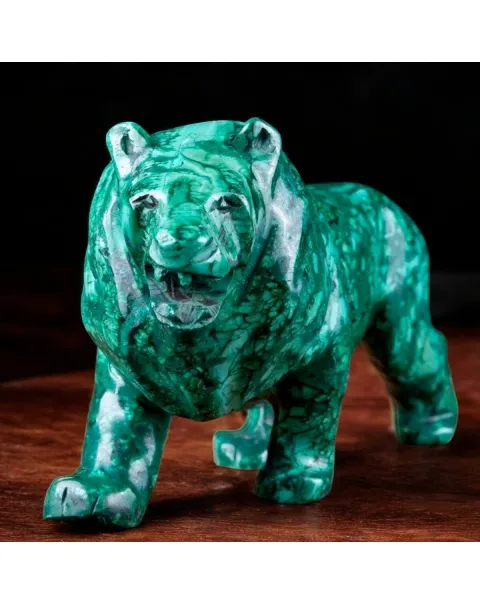Scultura Leone in Malachite Naturale.