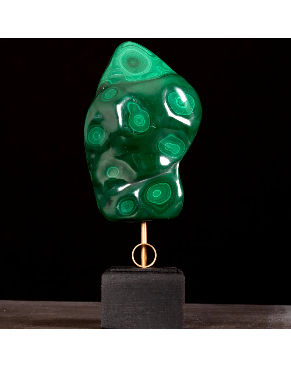 Malachite Naturale con Base in Legno e Ottone.