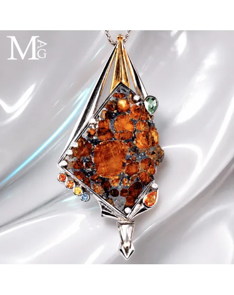 Gioiello Unico - Argento con Meteorite Pallassite Sericho, Diamanti e Zaffiri Multicolore