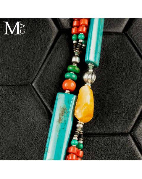 Collana Tibetana Tradizionale - Argento, Turchese, Corallo e Ambra.