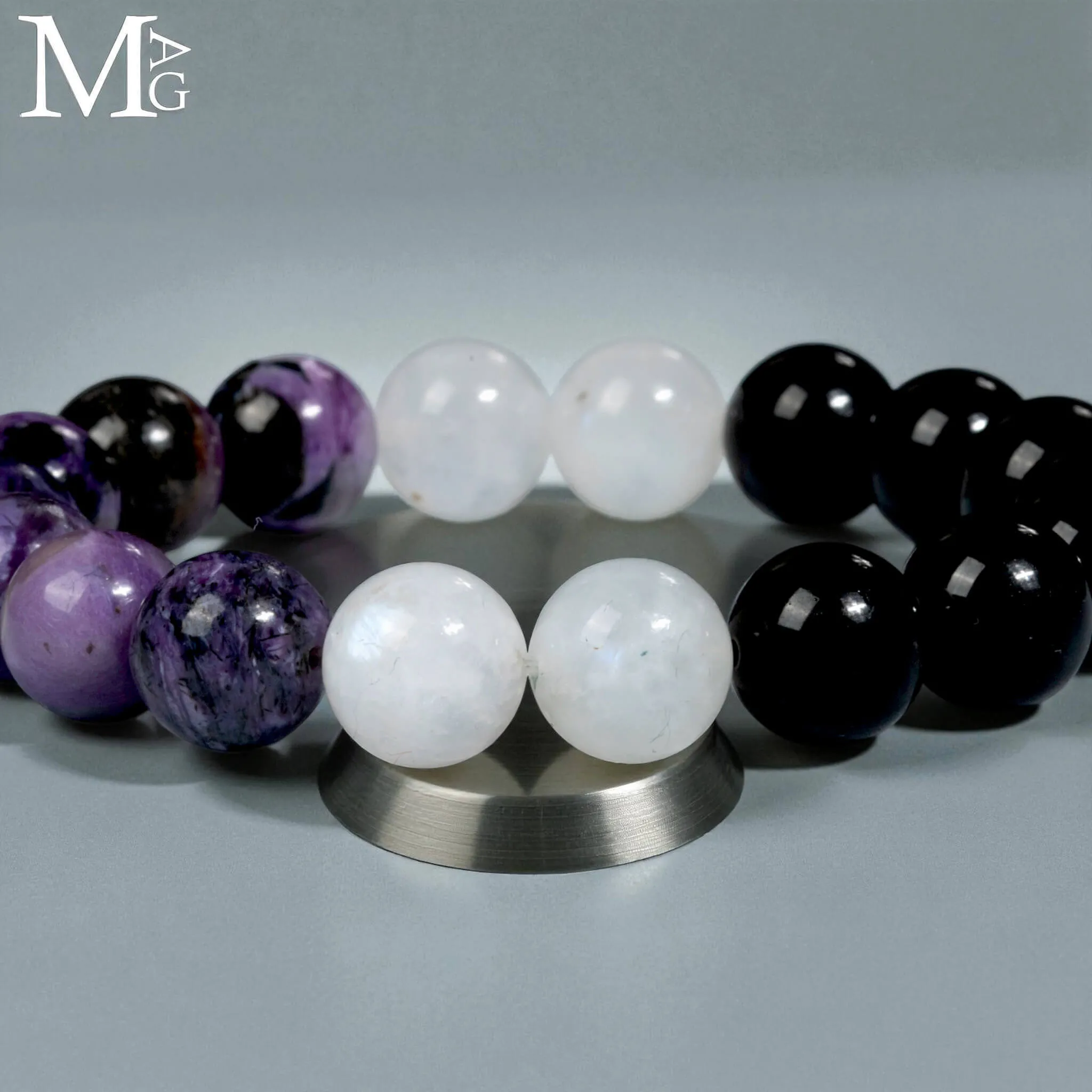 Bracciale in Charoite - Onice Nero e Pietra di Luna – Sfere da 10,5 mm