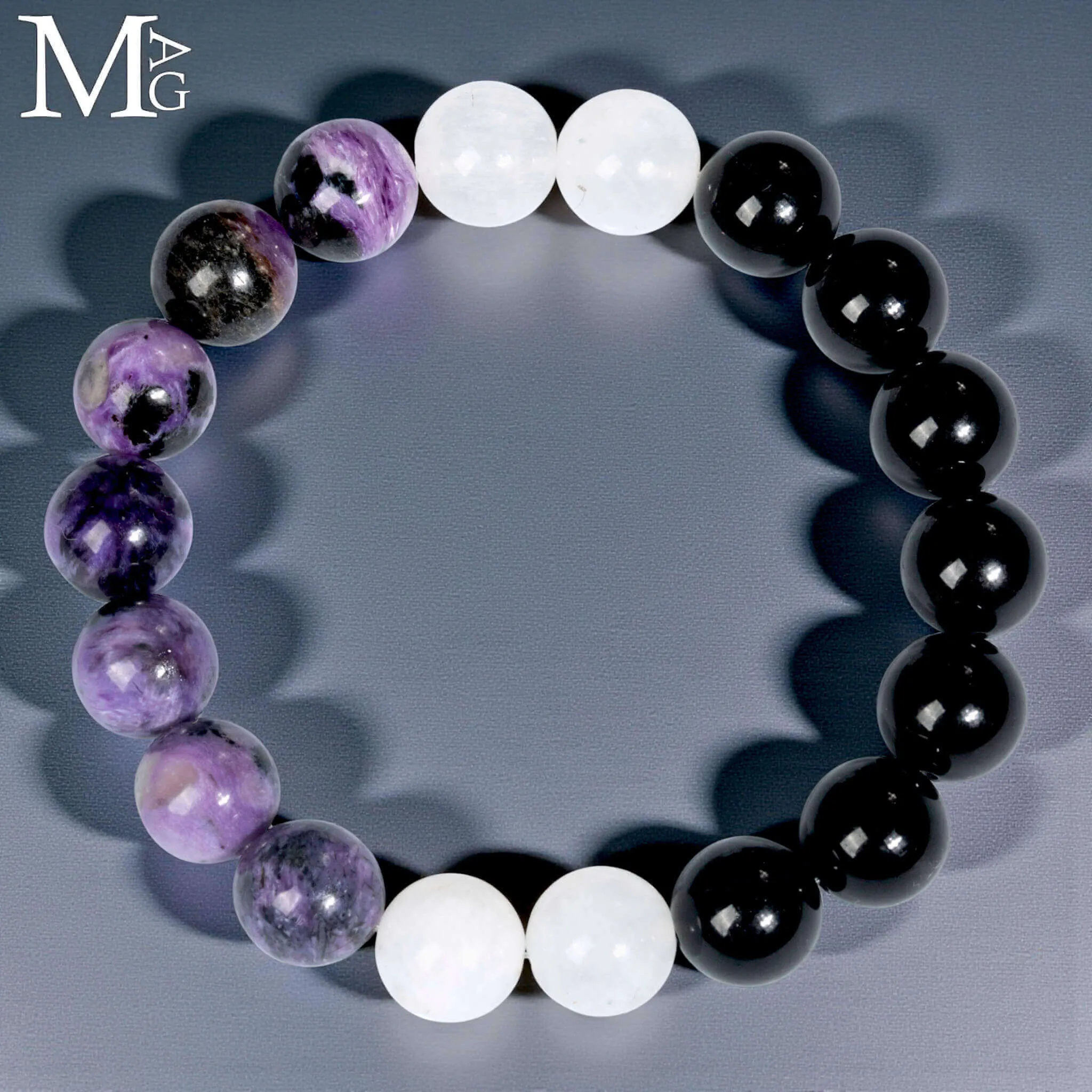Bracciale in Charoite - Onice Nero e Pietra di Luna – Sfere da 10,5 mm