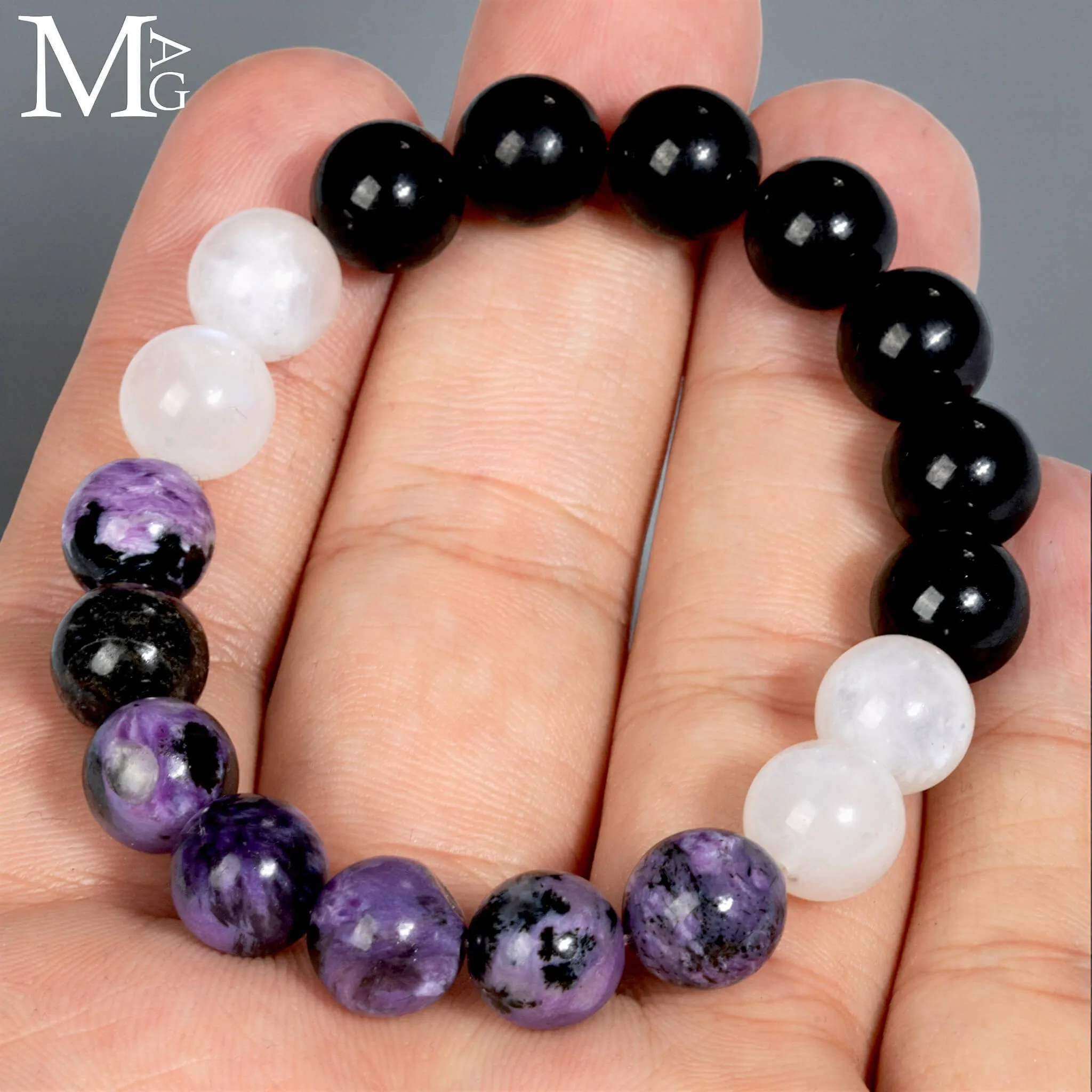 Bracciale in Charoite - Onice Nero e Pietra di Luna – Sfere da 10,5 mm