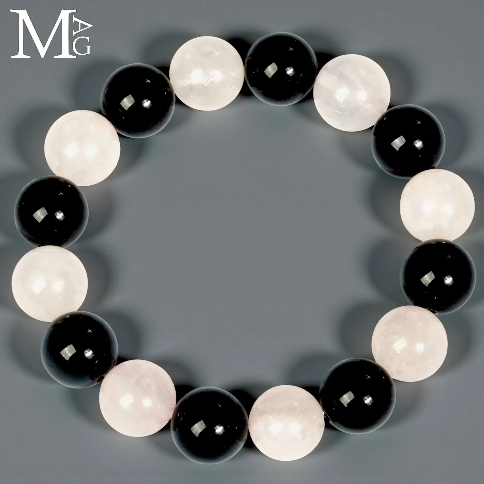 Bracciale in Quarzo Rosa e Onice Nero – Sfere da 12,5 mm