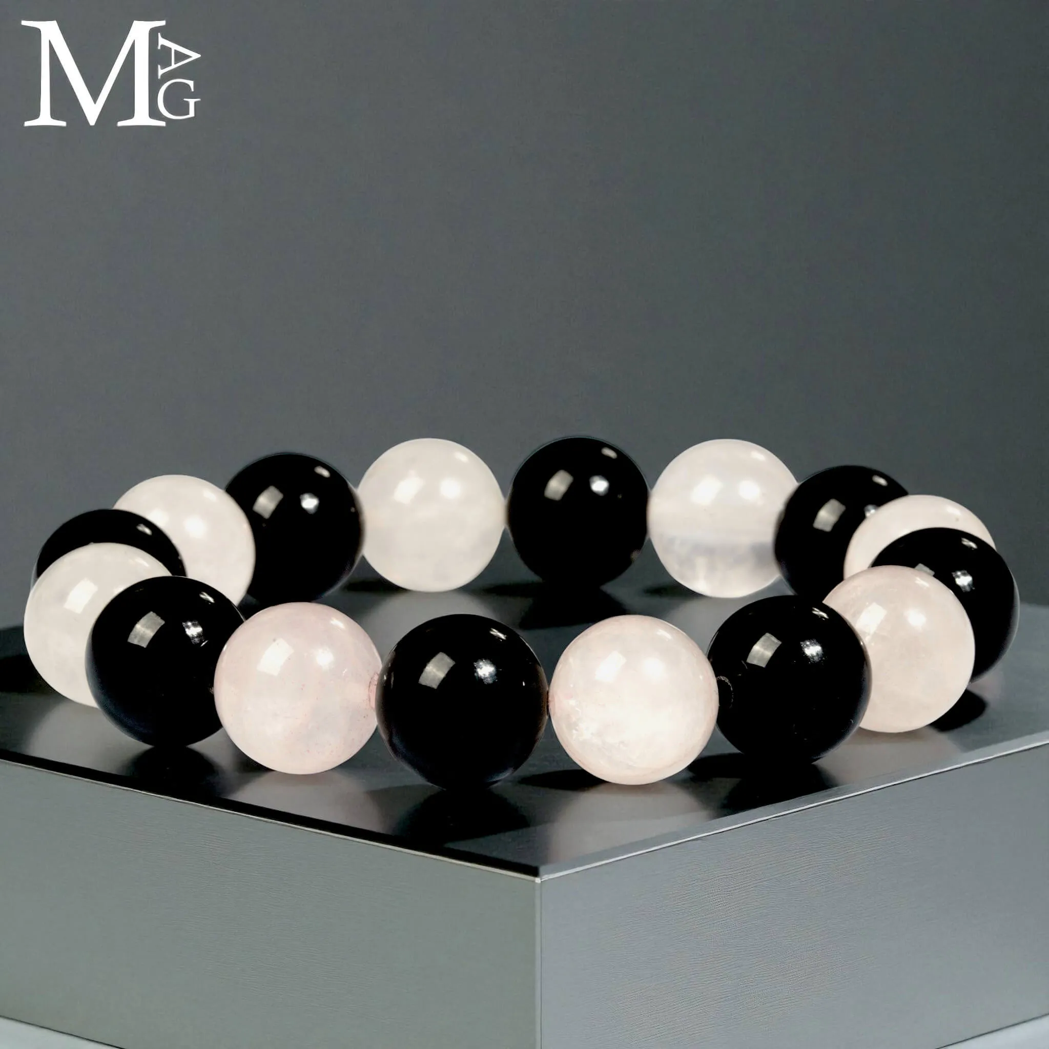 Bracciale in Quarzo Rosa e Onice Nero – Sfere da 12,5 mm