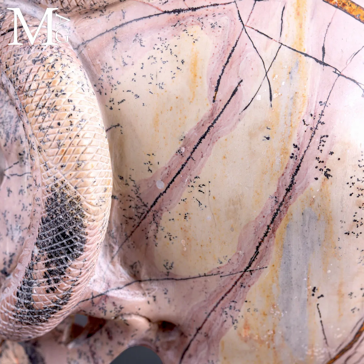 Teschio in Diaspro Dendritico con Serpente – Simbolo di Sapienza.