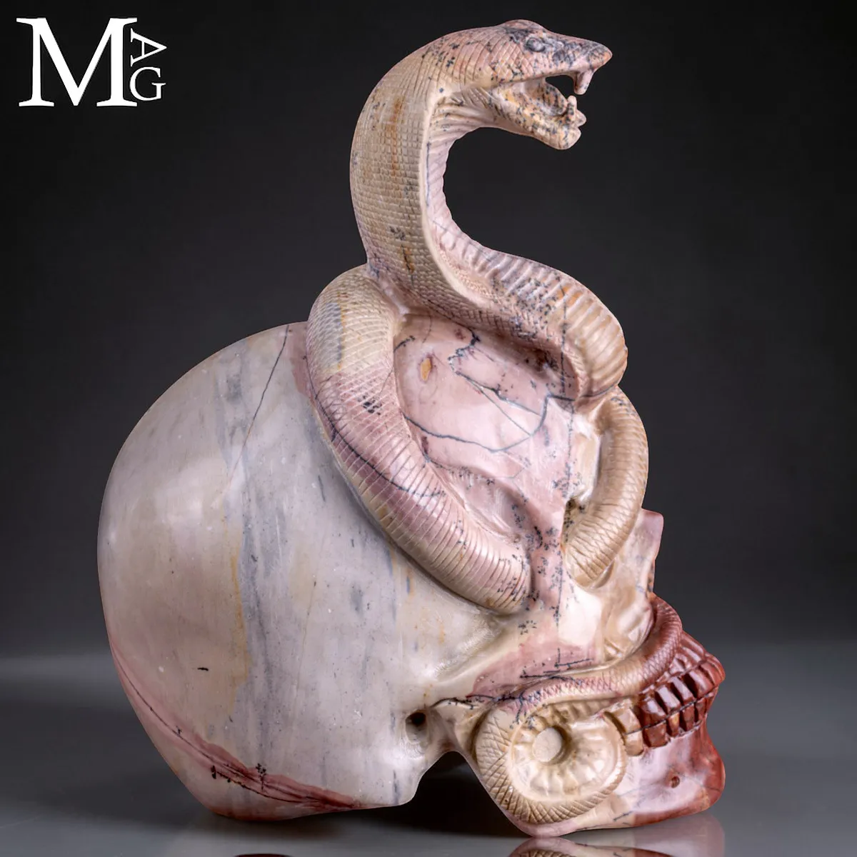 Teschio in Diaspro Dendritico con Serpente – Simbolo di Sapienza.