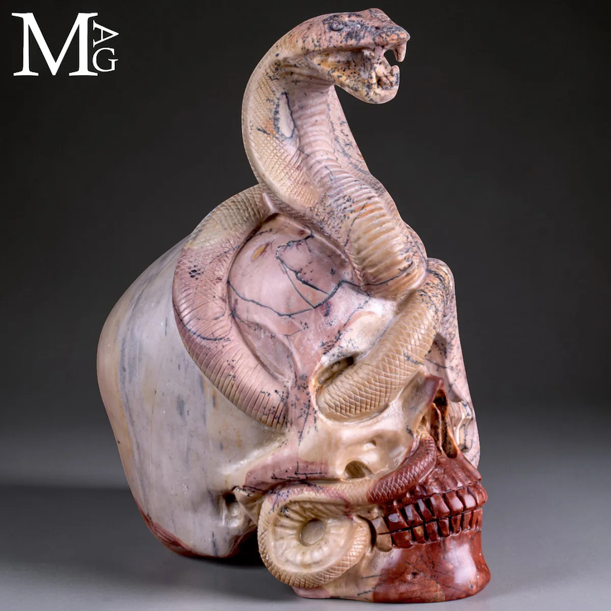 Teschio in Diaspro Dendritico con Serpente – Simbolo di Sapienza.