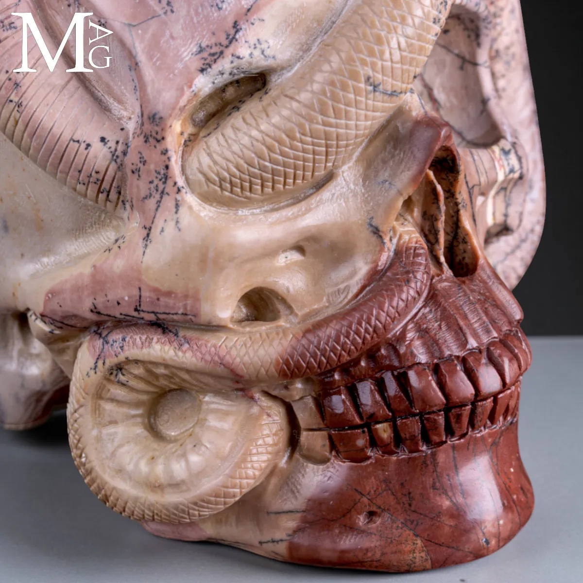 Teschio in Diaspro Dendritico con Serpente – Simbolo di Sapienza.