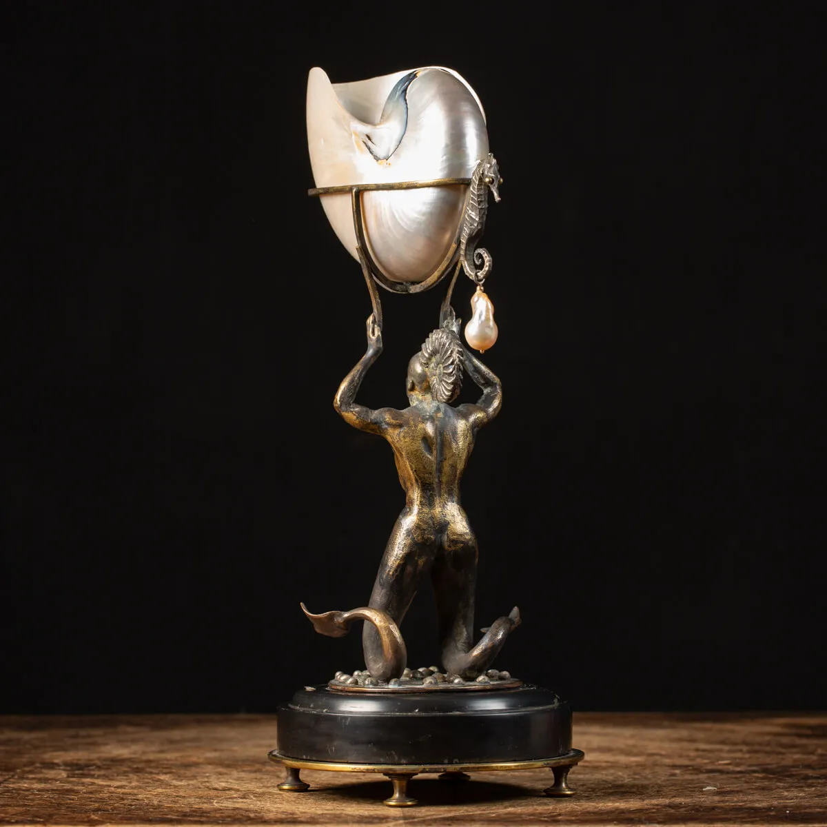 Scultura Bronzo Tritone con Nautilus