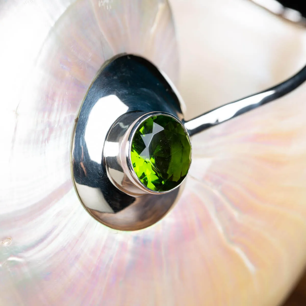 Nautilus in Madreperla con lavorazione in argento e gemme verdi