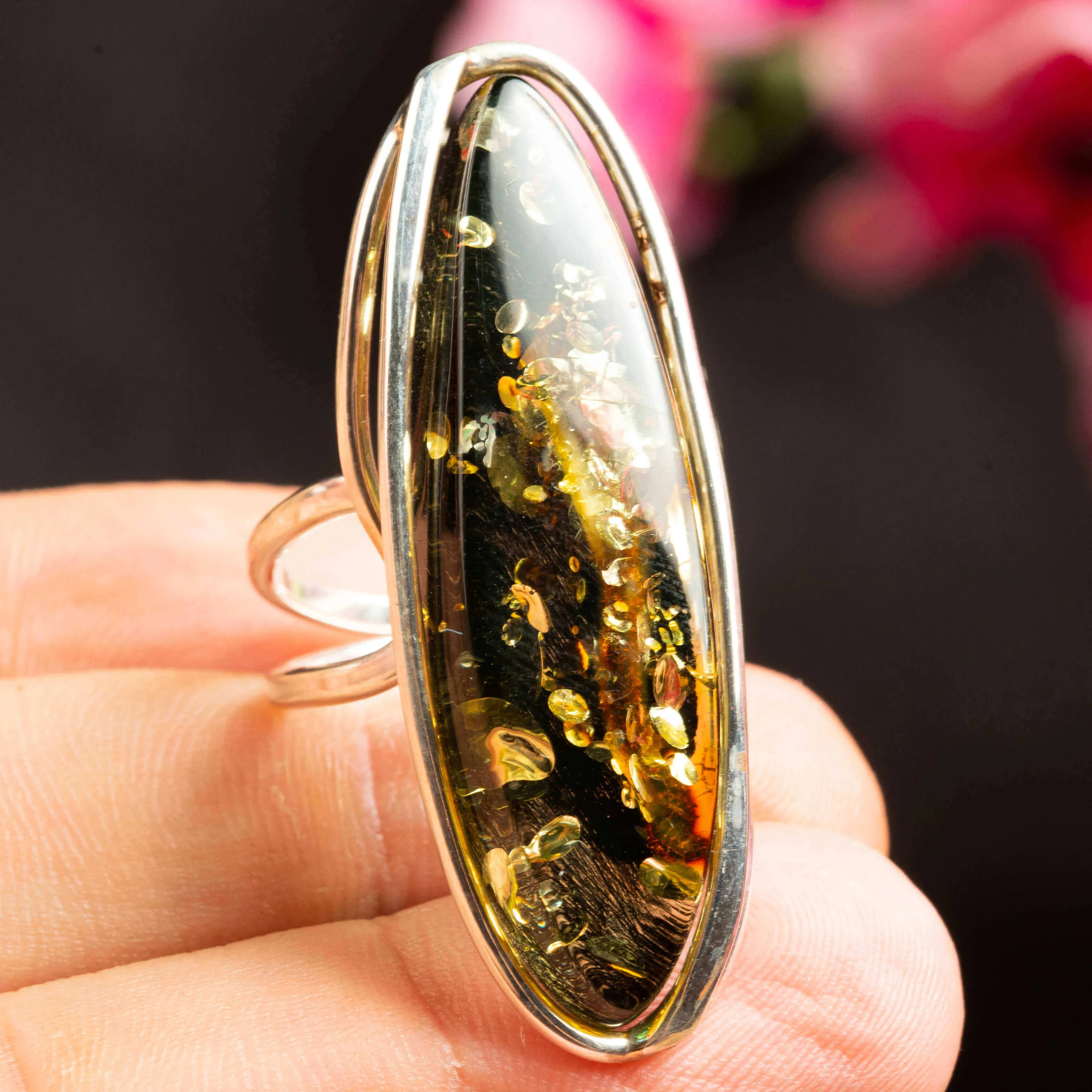 Anello d'argento Sterling con ambra baltica Verde.