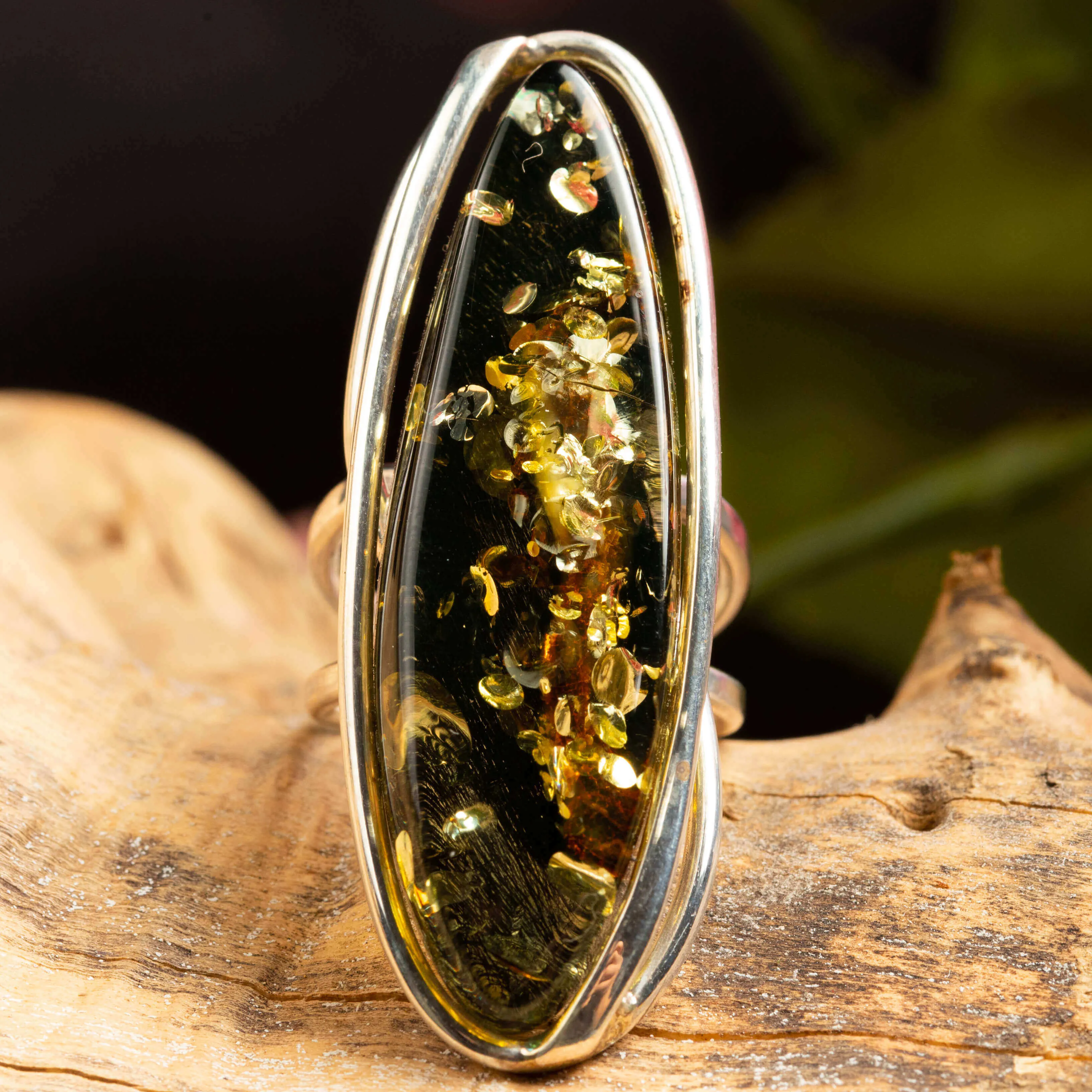 Anello d'argento Sterling con ambra baltica Verde.