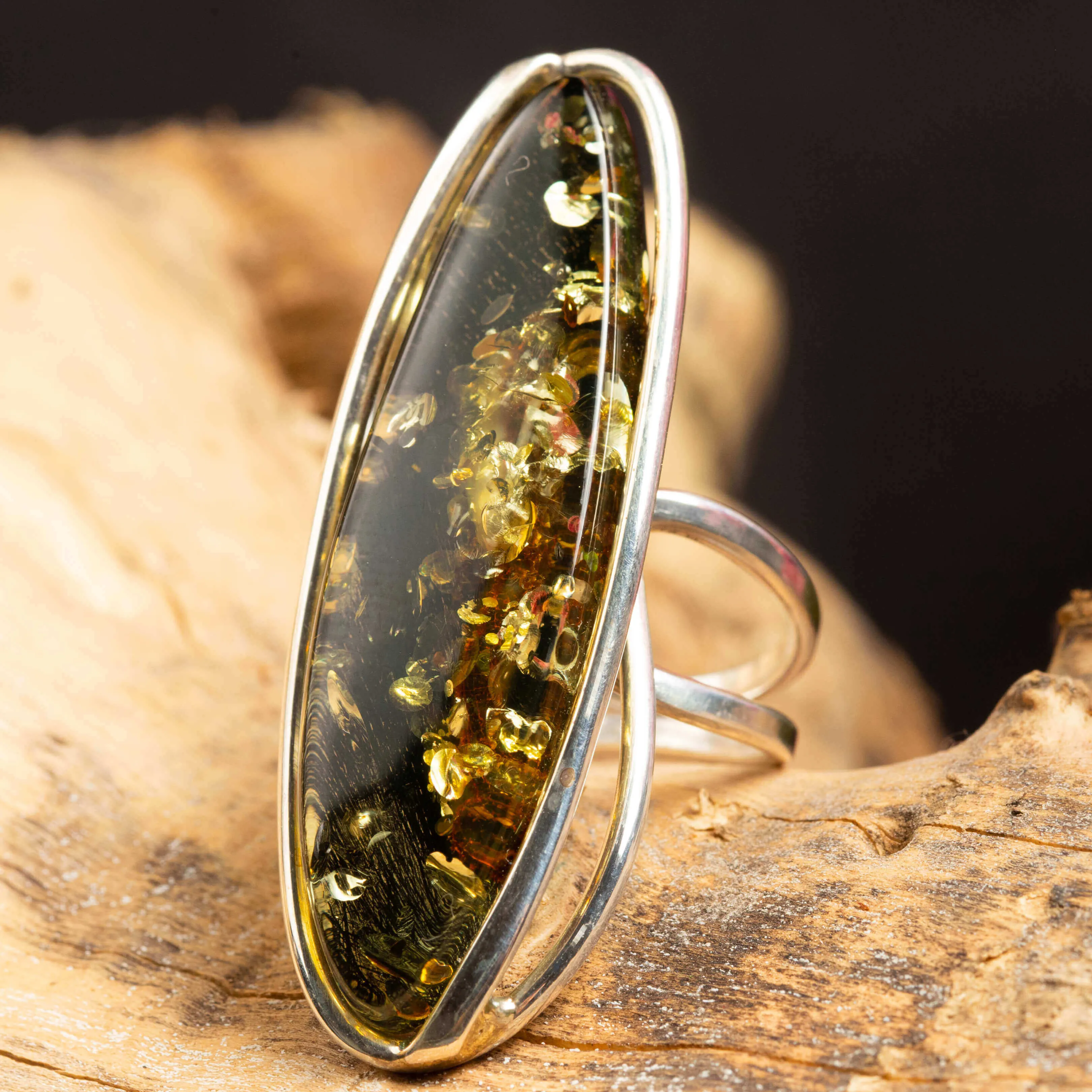 Anello d'argento Sterling con ambra baltica Verde.