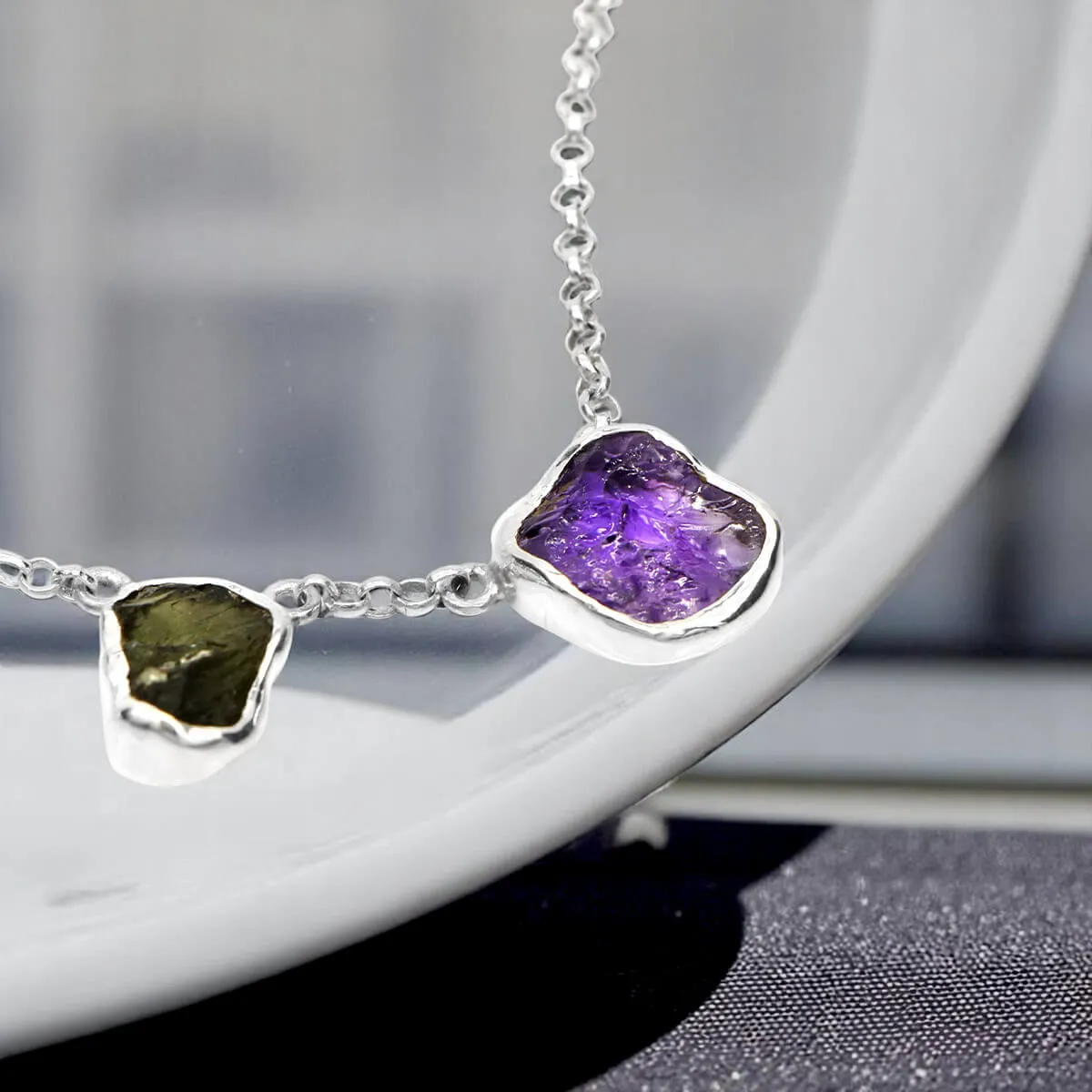 Collier in Argento con Ametista Boliviana e Moldavite.