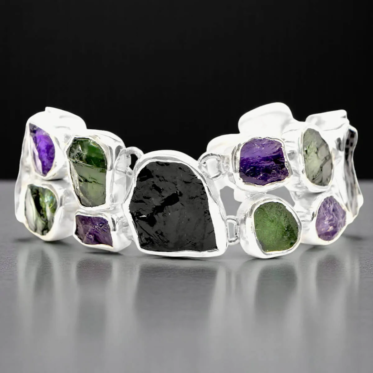 Bracciale in Argento con Ametista Boliviana, Ametista Verde e Tormalina Nera.