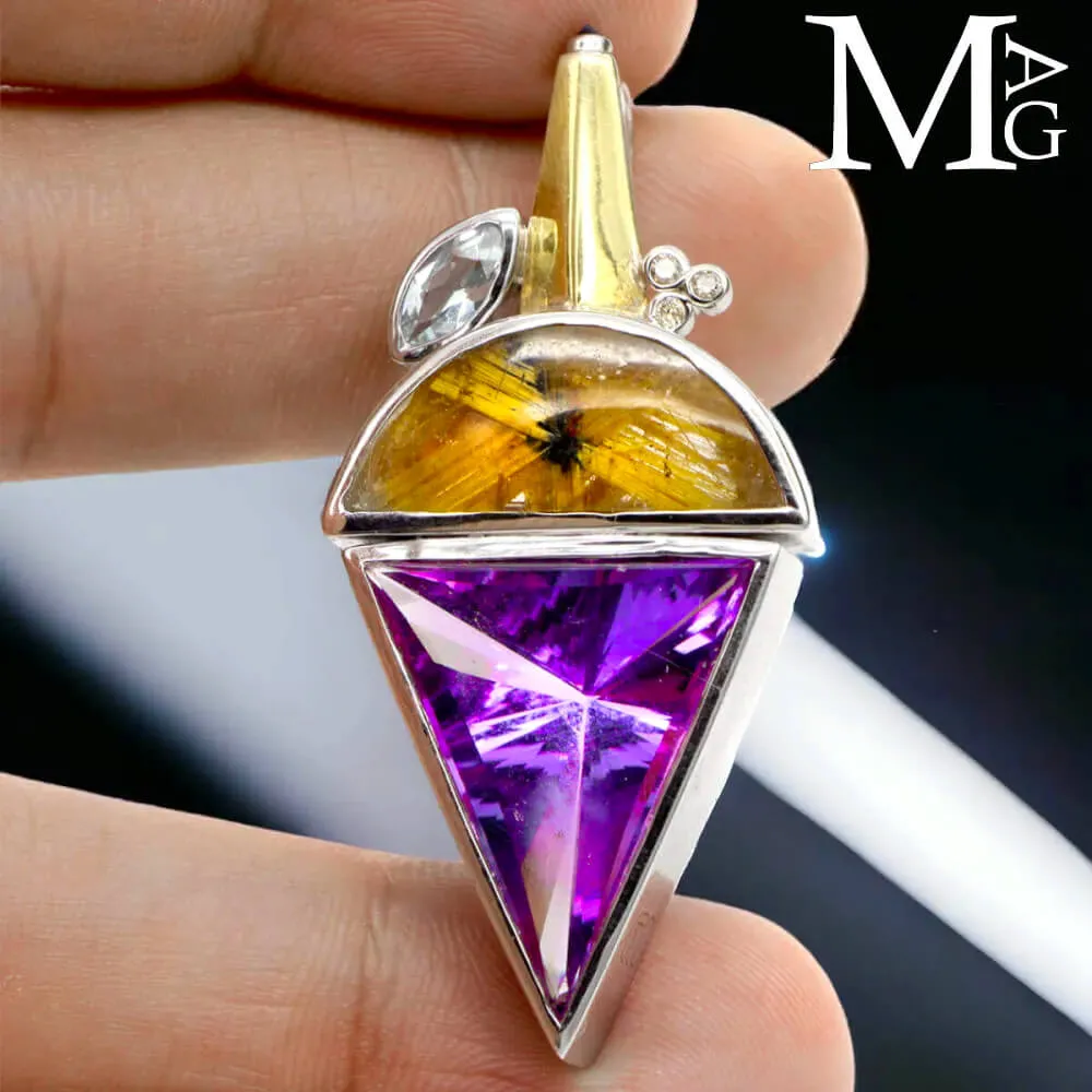 Ciondolo in Argento ed Oro: Ametista Boliviana, Quarzo Rutilato, Acquamarina e Diamantini