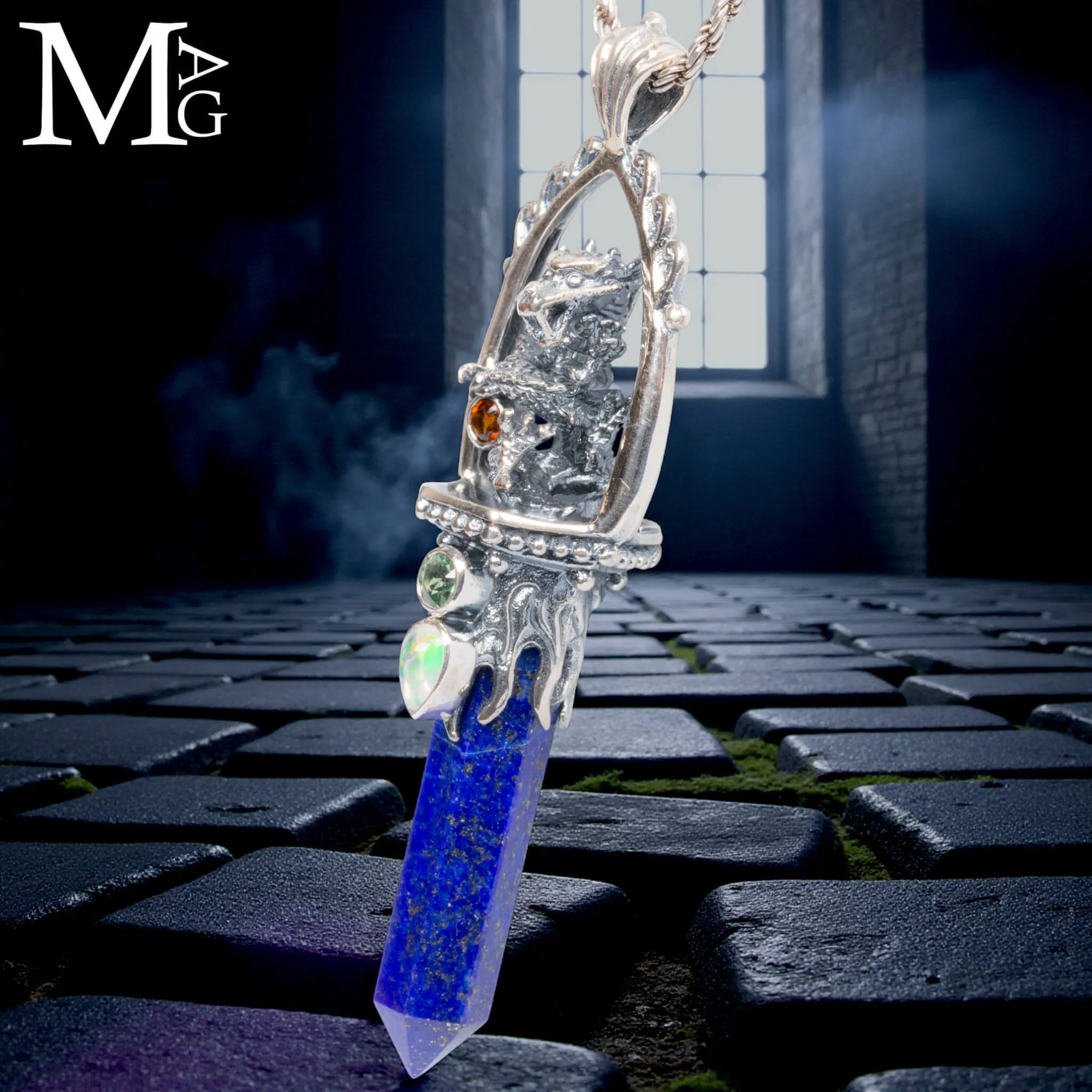 Amuleto Drago in Argento con Lapis, Opale e Tormaline.