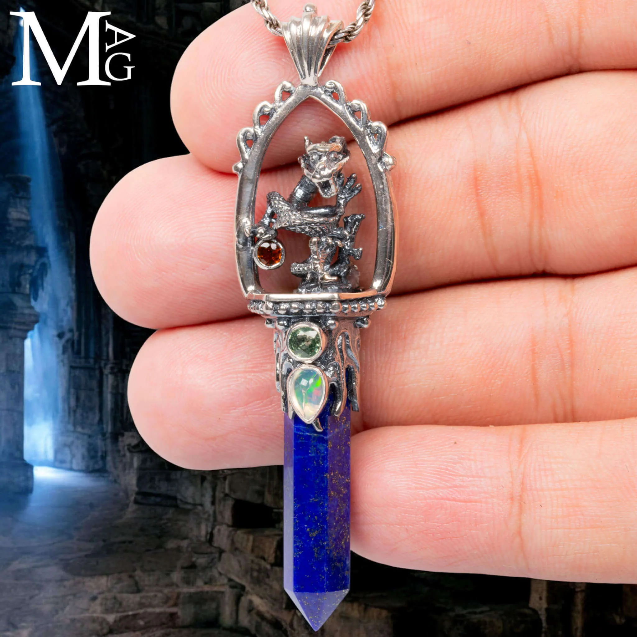 Amuleto Drago in Argento con Lapis, Opale e Tormaline.