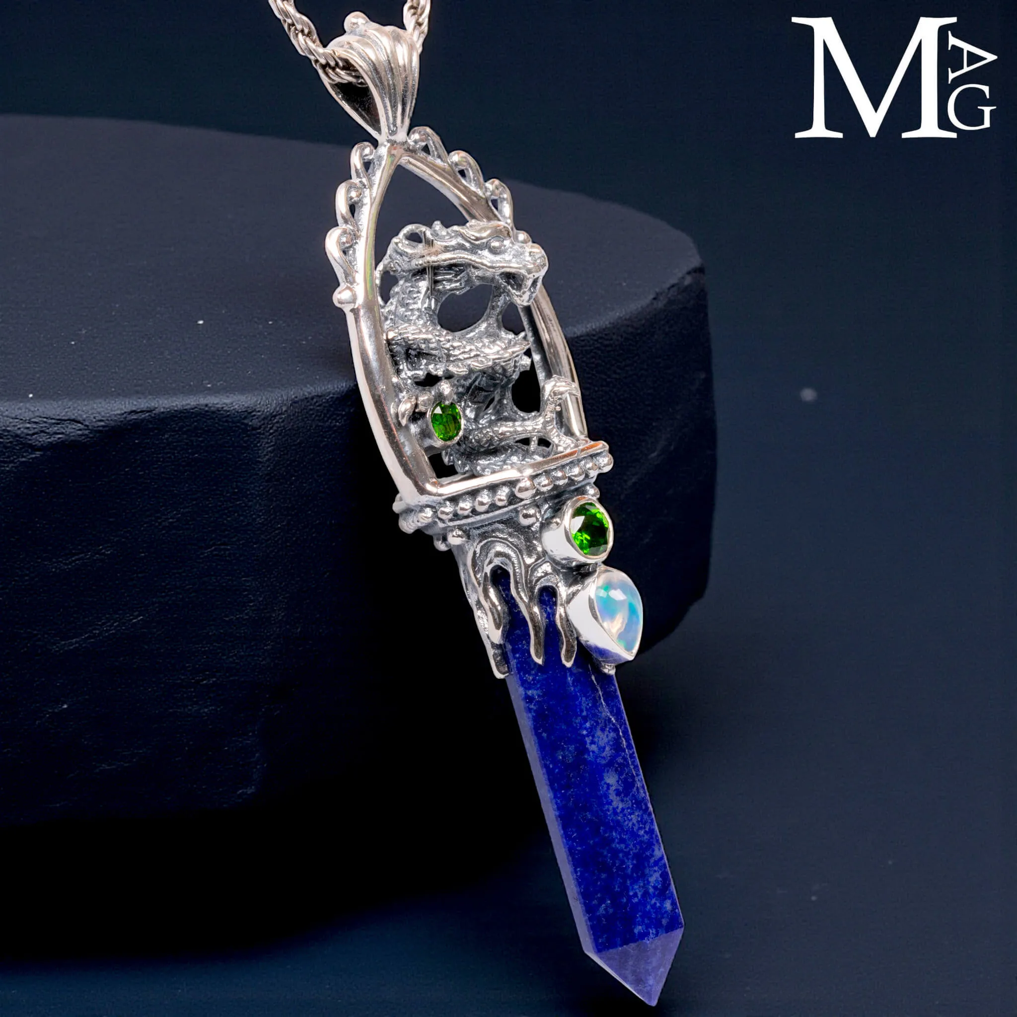 Amuleto Drago in Argento con Lapis, Opale e Peridoto
